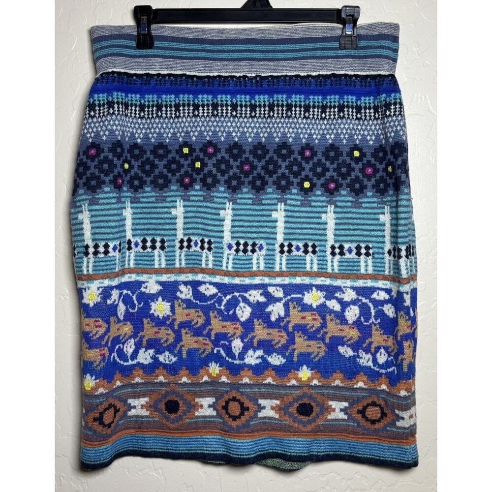 Anthropologie HWR Womens L Llama Fair Isle Wool Alpaca Knit Skirt Boho Blue